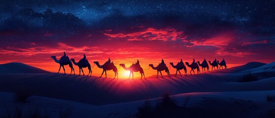 Camel caravan silhouette traversing golden desert sands at sunset, evoking a sense of adventure and tranquility in a vast landscape