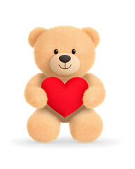 A cute teddy bear holding a red heart on a transparent background