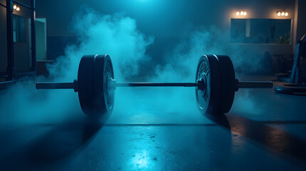 Barbell in the gym at night. Heavy weight lifting. Bodybuilding concept.