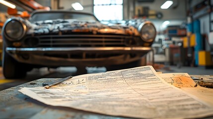 Vintage Car Undergoing Repair in Gritty Garage with Prominent Insurance Policy Document