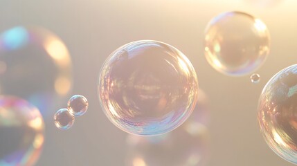 Naklejka premium 2410 106.A collection of transparent soap bubbles floating in mid-air, each one showcasing a rainbow-like iridescent sheen. The bubbles vary in size and reflect light, giving off a dreamy, weightless