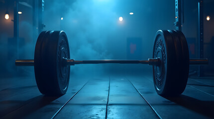 Barbell in the gym at night. Heavy weight lifting. Bodybuilding concept.