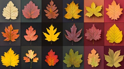 2410 49.A colorful collection of autumn leaves from different trees such as oak, maple, and chestnut, all rendered in a flat, simple style. The leaves are in warm fall colors, including yellow, red,