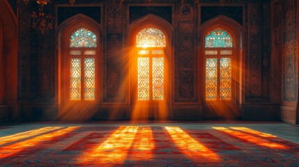 Sunlight streams through stained glass windows in a mosque, illuminating the carpet below.