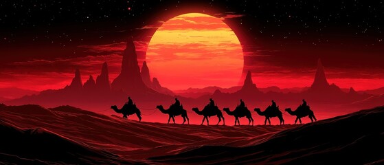 Naklejka premium Camel caravan silhouette traversing golden desert sands under a vibrant sunset sky, evoking tranquility and adventure in a timeless landscape