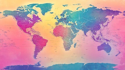 Naklejka premium 2410 87.A colorful world map with a modern design, featuring bright, gradient colors to differentiate each continent. The map is laid out in a clean, minimalist style, with precise outlines and