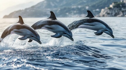 Obraz premium Three Dolphins Leaping in the Blue Sea
