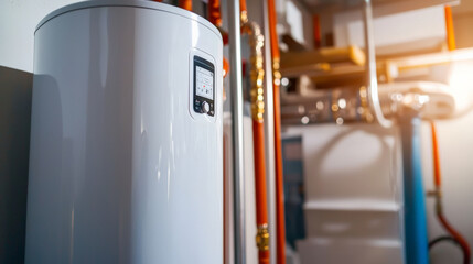 modern water heater with digital thermostat, set for winter, is prominently displayed in utility room. sleek design complements industrial setting