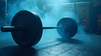 Barbell in the gym at night. Heavy weight lifting. Bodybuilding concept.