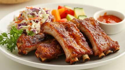 Delicious Barbecue Ribs with Fresh Vegetables and Salad