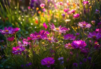 Naklejka premium stunning close vibrant dew kissed wildflowers surrounded lush greenery capturing beauty, blossom, dewdrop, dewdrops, petal, leaf, flora, colorful, tropical