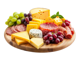 Charcuterie board with assorted cheese, meat, and grapes isolated on white background PNG
