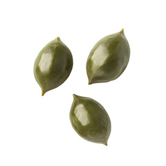 Three green pumpkin seeds isolated on a black background.