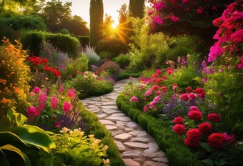 Obraz premium enchanting lush garden paths meandering through lively foliage bursting colorful flora exuberant surroundings, nature, plant, landscape, scenery, leaves
