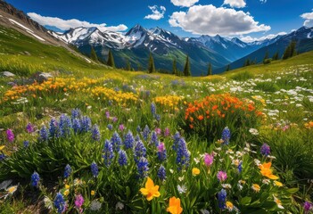 Obraz premium vibrant seasonal flora showcased dramatic mountain landscape under vivid blue sky fluffy clouds, nature, plants, trees, rock, greenery, sunset, spring