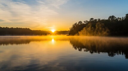 Fototapeta premium Sunrise Over a Misty Lake