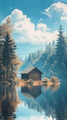 Fototapeta premium Nature Retreat: A tranquil forest scene with a small wooden cabin surrounded by tall trees and a serene lake reflecting the sky