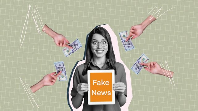Motion collage video of happy girl hold tablet fake news bribe payment dollar hands propaganda spam 