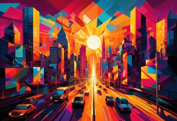 vibrant cityscape abstract geometric shapes bold colors creating dynamic visual rhythm urban energy style, skyline, design, patterns, lines, creative