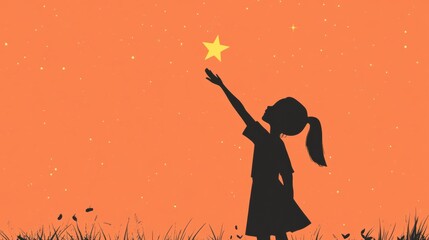 Reaching for the Stars: Silhouette of a girl reaching for a star against a warm sunset. A hopeful image symbolizing dreams, aspirations, and the pursuit of goals. 