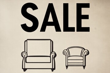 Bold "sale" text with minimalist black line illustrations of a sofa and armchair on a beige textured background. This clean design highlights furniture promotion, ideal for home decor or furniture sal