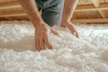 person inspecting insulation material in attic, focusing on texture and quality of insulation. scene conveys sense of care and attention to detail