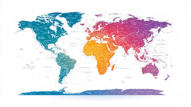2410 88.A detailed world map in a vibrant, modern color scheme, with each country or continent marked by distinct, bold colors. The clean, precise outlines and colorful design make it perfect for use