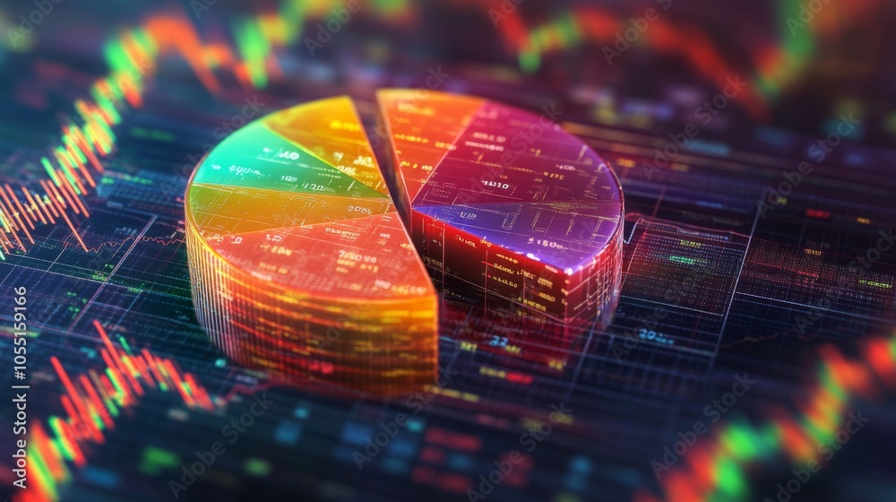 Poster colorful pie chart on financial data background