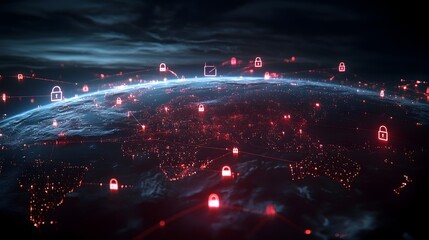 Fototapeta premium Global Interconnected Cybersecurity Network with Glowing Padlock Icons Protecting Digital