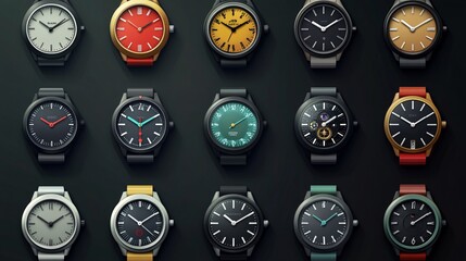 2410 34.A diverse set of watch and clock icons, including a range of designs from traditional analog faces to sleek digital time displays. The icons are rendered in a simple, clean vector style, with