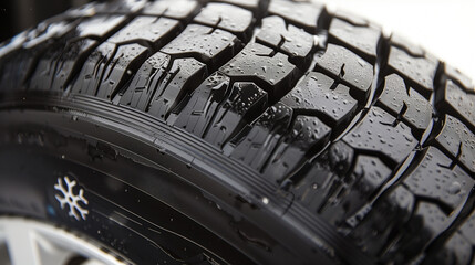 Winter tire with snowflake symbol on tread pattern.