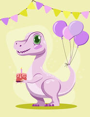 dino female happy birtpink dinosaur with cake, candle and balloons at birthday partyhday