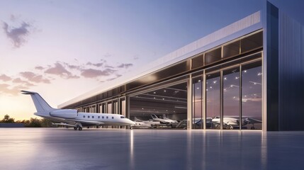 Naklejka premium Private Jet Hangar at Sunset 