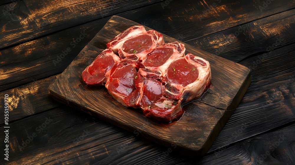 Wall mural raw beef steaks arranged on a rustic wooden board on a dark background.