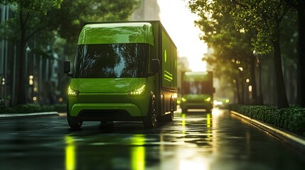 Obraz premium Green Electric Vans Delivering Cargo in Sustainable Urban Logistics Industry