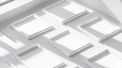 Fototapeta premium 2410 4.A group of white photo frame mockups with a variety of shadow placements, including long, soft shadows and sharp, crisp ones. The frames are shown in different positions, offering a realistic