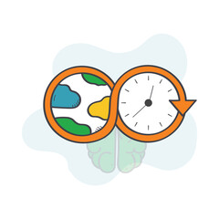 Long-Term Thinking Icon – Clock and Infinity Symbol with Nature Elements Representing Sustainable Planning