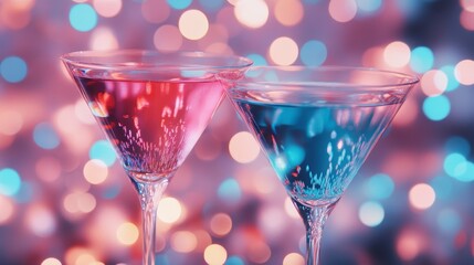 Glowing martinis filled with luminous liquid in neon pink and blue, set against a blurred bokeh background of shimmering lights, evoking luxury and sophistication