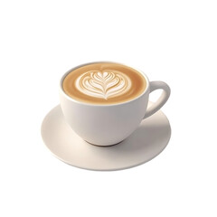 A cup of latte with a heart-shaped design in the foam on a white saucer.