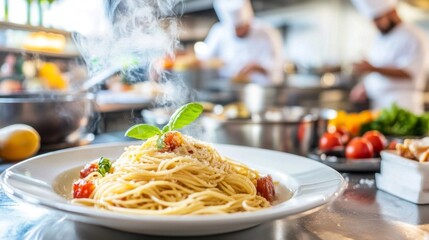 Freshly Cooked Pasta in a Professional Kitchen Setting