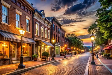 Obraz premium Charming small-town street at dusk, featuring brick buildings, vibrant storefronts, and pedestrians strolling, perfect for enchanting stock photography opportunities and capturing evening ambiance.