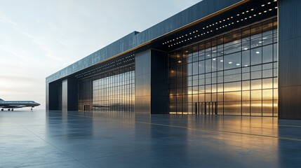 Fototapeta premium Side perspective of a sleek industrial hangar with brass and polished silver finishes, featuring large ventilation windows and smooth walls, 