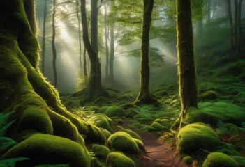 majestic lush trees standing tall beneath serene misty canopy shrouded soft ethereal light creating tranquil natural environment, foliage, landscape, forest
