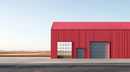 Obraz premium Red Metal Building: A striking red metal building stands tall against a vast open field, its sleek design and industrial strength captured in a minimalist photo.