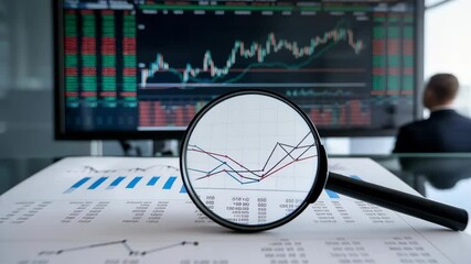 A magnifying glass focuses on financial data with stock charts in the background. - Powered by Adobe
