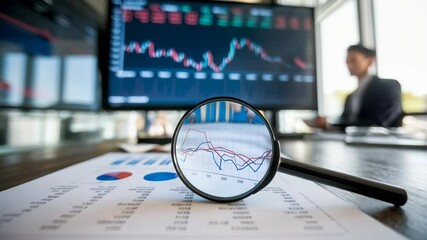 A business setting with a magnifying glass over financial charts and a blurred figure in background.