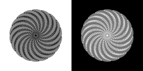 Abstract background with abstract line pattern in circles. Spiral art design as a logo or icon. A black figure on a white background and the same white figure on a black side. Mandala design with line