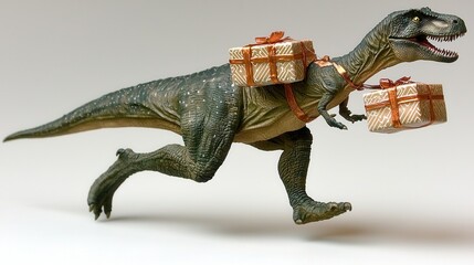 Fototapeta premium A toy dinosaur joyfully runs while carrying gifts, adding a playful touch to festive themes and imaginative settings.