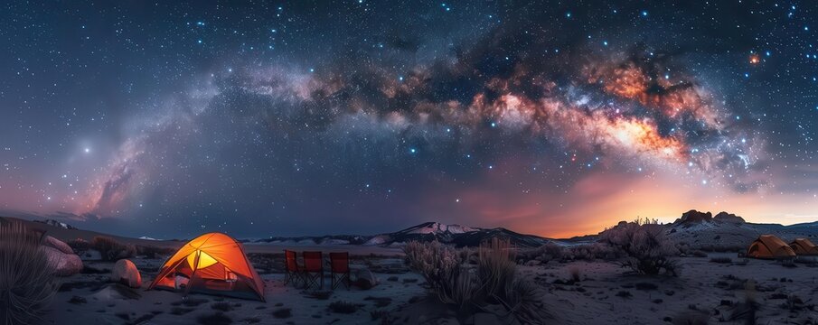 Camping scene under a starry sky with a vibrant Milky Way backdrop.