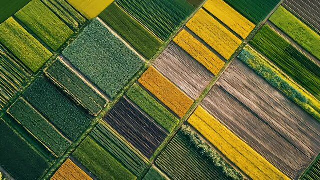 An aerial view of a patchwork of farmland, with fields of different colors and crops, during the day
